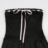 Vintage Strapless Tie-Up Bow Lace Pleated Dress