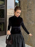 Elegant Black Patchwork Full Sleeves Long Dress Fashion Solid Velvet Slim Fit Pleated Hem Maxi Dresses New Woman Club Party Robe