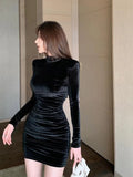 Black Pleuche Sexy Half High Neck Dress for Women's Autumn/Winter 2023 New Slim Fit Pleated Wrapped Hip Dresses Mini