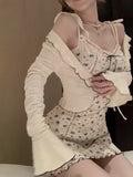 Sweet V-neck Slim Waist Knitted Flower Print Dress for Women Autumn New Long Sleeve Ruffles Cardigan Y2k Two Piece Sets