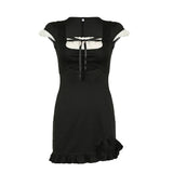 Black Ruffles Patchwork Tie-Up Mini Dress