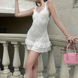 Sweet Ruched Lace Trim Bow Mini Dress