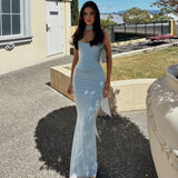 Elegant Maxi Wedding Guest Dress Set Sexy Strapless Blue Cropped Top Set Bodycon Holiday Party Dresses Women