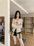 Fairycore Lace Up Turn-down Collar Blouse Women Long Sleeve Korean Fashion Autumn Shirt Slim Thin Women Blousa Y2k