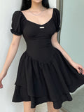 Black Square Neck Slim Pleated Mini Dress