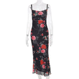 Retro Floral Dress Women Elegant Summer Slim Sleeveless Backless Long Dresses Female Party Temperament Maxi Dress Woman