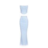 Elegant Maxi Wedding Guest Dress Set Sexy Strapless Blue Cropped Top Set Bodycon Holiday Party Dresses Women