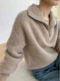 Large lapel thick cashmere sweater women's 100 pure wool zipper sweater pullover lazy loose knit base top