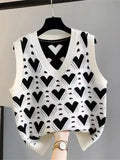 Fashion Love Heart Printed Loose Knitted Vest Sweater Casual V Neck Sleeveless Thick Sweater Vest Female Waistcoat Chic Tops