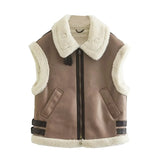 Women Fashion Patchwork Sleeveless Vest Waistcoat Loose Thicken Lapel Suede Fur Jacket Coat Autumn Winter Chic Tops Outwear