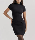 Two Pocket Short Sleeve Sexy Mini Dress For Women New Zipper Half High Collar Bodycon Club Party Dress Fashion