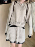 College Style Elegant Sweater Skirt Suit Women Fashion Polo Neck Tops + Pleated Mini Skirt Harajuku Knit Casual Two Piece Suit