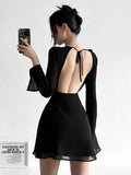  Backless Black Dress Women Elegant Back Hollow Out Lace-up Long Sleeve Mesh Sheer Sexy A-line Mini Dress Evening Party