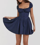 Square Collar Pleated Mini Dress For Women Navy Blue Fashion Short Sleeve Backless A-line Club Party Sexy Dress Elegant