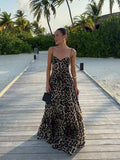 Fashion Women Leopard Print Sleeveless Sling Maxi Dress Sexy Backless Slim Pleated Long Vestdios Chic Beach Vacation Robes