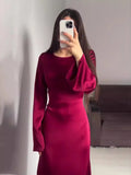 Elegant Satin High Waist Women Maxi Dress Bell Sleeve Lace Up Slim Banquet Mermaid Bodycon Dresses Throbbing in Autumn