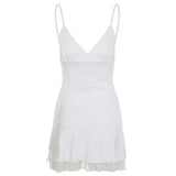 Elegant Lace Spliced Women Camisole Dress V-Neck Chic Fashion Solid Sexy Skinny French Mini Gentle Frocks