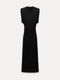 Sexy Solid Black Women's Dress  With Shoulder Pad Slim Half High Collar Rear Split Dresses New Autumn Chic Lady Party Robes