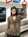 Harajuku T Shirt Women V Neck Leopard Tee Tops Y2k Vintage Tshirts See Through Streetwear 2000s Japanese Shirt Female