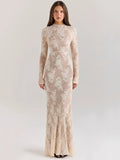 Lace Print Long Sleeve Sexy Maxi Dress For Women White Zipper Half High Collar Bodycon Fashion Elegant Long Dress