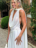 Sexy See Through Deep V Neck White Maxi Dress Elegant Splicing Pleated Mesh Halter Scarf Slim Robes Lady Party Evening Gown