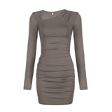 Grey Asymmetrical Fold Skinny Long Sleeve Dress