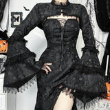 Fashion Halloween Gothic Grunge Punk Women Dress High Split Lace Black Dresses Shrug Sets Harajuku Lolita Cosplay Party Dress