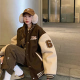 Y2k Varsity Bomber Jacket Women Red Brown Korean Fashion Winter Coat Vintage Baseball Jackets Hip Hop Streetwear Outerwear Tide