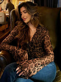 Lace Up Fashion Leopard Print Cardigan Women Sexy Mesh Perspective Print Slim Long Sleeve V Neck Summer Top Cardigan