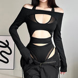 Y2k Punk Hollow Out Sexy Bodysuits Mall Gothic Bodycon Mesh Sheer T-shirts Women Long Sleeve Patchwork Bodysuit