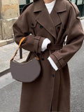 Elegant Brown Double-breasted Woolen Overcoat With Belt Women Long Sleeve Loose Lapel Casual Coat Autumn Warm Commute Outwear