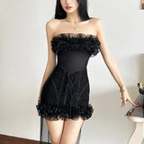 Sexy Hot Girl Strapless Evening Dress Women French Elegant Socialite Sleeveless Lace-up Slim Fit Hip-wrapped Black Mini Dress