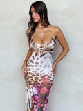 Elegant Floral Print Sexy Maxi Dress For Women Fashion Spaghetti Strap Sleeveless Backless Bodycon Party Long Dress