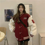 Y2k Varsity Bomber Jacket Women Red Brown Korean Fashion Winter Coat Vintage Baseball Jackets Hip Hop Streetwear Outerwear Tide