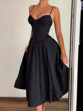 Sweetown Sleeveless Fit And Flare Elegant Fashion Spaghetti Straps Dresses Women Black Solid Sexy Birthday Evening Party Dress