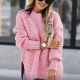 Autumn Winter Long Sleeved Solid Color Women Pullover Lazy Style Side Split Knitted Sweaters Fashion Comfortable Woman Clothing