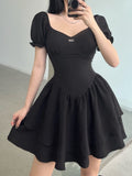 Black Square Neck Slim Pleated Mini Dress