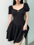 Black Square Neck Slim Pleated Mini Dress