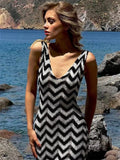 Striped Knit Sweater Maxi Dress Female V-Neck Slim Fashion Beach Holiday Casual Contrast Dress Elegant Women Party Dress