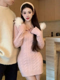 Winter Christmas Knitted Sweater Dress Hooded Women Slim Bodycon Y2k Mini Dress Fur Female One Piece Dress Korean Elegant