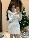 Winter Christmas Knitted Sweater Dress Hooded Women Slim Bodycon Y2k Mini Dress Fur Female One Piece Dress Korean Elegant