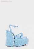 Light Blue Satin Platform High Heel Sandals Women Square Toe knotted Bow Chunky Heel Rhinestone Buckle Mary Janes Shoes