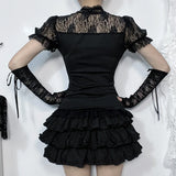 Fairycore Lace Patchwork Puff Sleeve T-Shirts Lady Elegant Blouse Sexy Hollow Out Slim Tops Mall Gothic Techwear Cloth