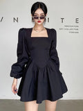 Black Elegant Mini Dress Women Vinatge Long Sleeve Dresses Square Collar Spring Autumn Fashion High Street Female Robe