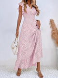 Casual Polka Dot Dress Women Summer V Neck Sleeveless High Waist A-line Long Dresses Boho Beach Sundress Chiffon Dress Vestidos