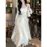 Elegant Solid Ruffles Fairy Dresses Korean Lace Patchwork Slim Waist A Line Dress Women Princess Party Vestidos Female Robe New