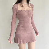 Pink Sweet Square Neck Knit Mini Dress