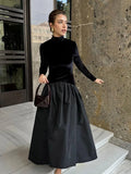 Elegant Black Patchwork Full Sleeves Long Dress Fashion Solid Velvet Slim Fit Pleated Hem Maxi Dresses New Woman Club Party Robe