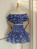 Retro Blue Printed Hollow Out Design Slim Fit Ruffles Patchwork Strapless Sleeveless Dress Beach Holiday Dresses Autumn