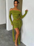 Green Ruched Skirt Set Women Off-shoulder Long Sleeve T-shirt And Mini Skirt Matching Sets Bodycon Sexy Dress Set